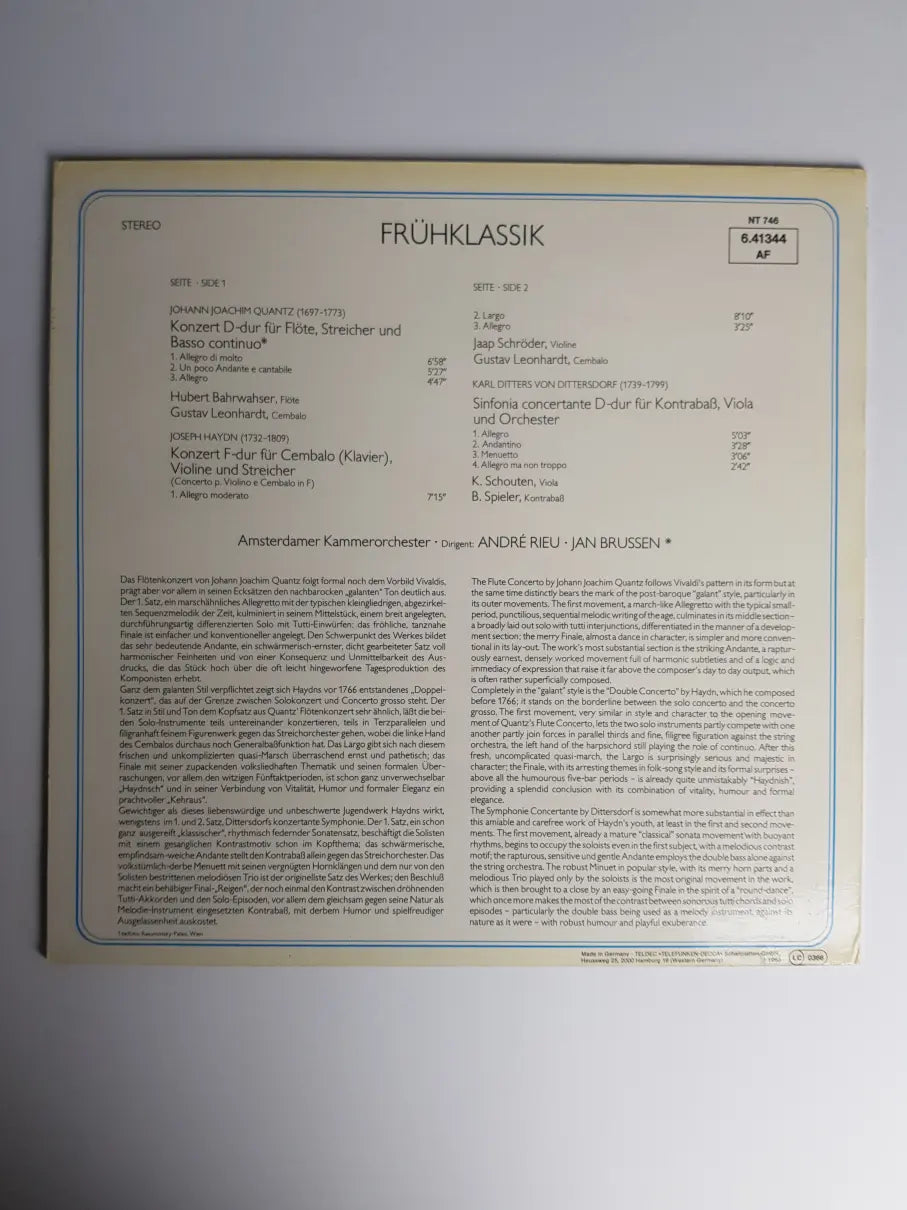 Haydn / Quantz / Dittersdorf - Gustav Leonhardt • Jaap Schröder • Hubert Barwahser • Amsterdamer Kammerorchester – Frühklassik - Concerti Von Haydn • Quantz • Dittersdorf
