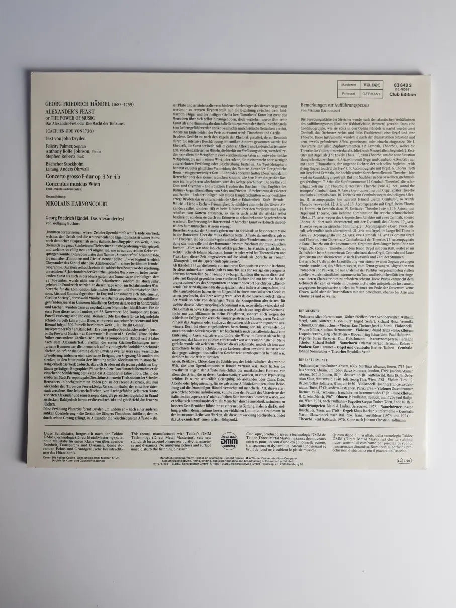Händel, Concentus Musicus Wien, Nikolaus Harnoncourt, Felicity Palmer, Anthony Rolfe Johnson, Stephen Roberts, Bachchor Stockholm – Alexanders Feast (Das Alexander-Fest)
