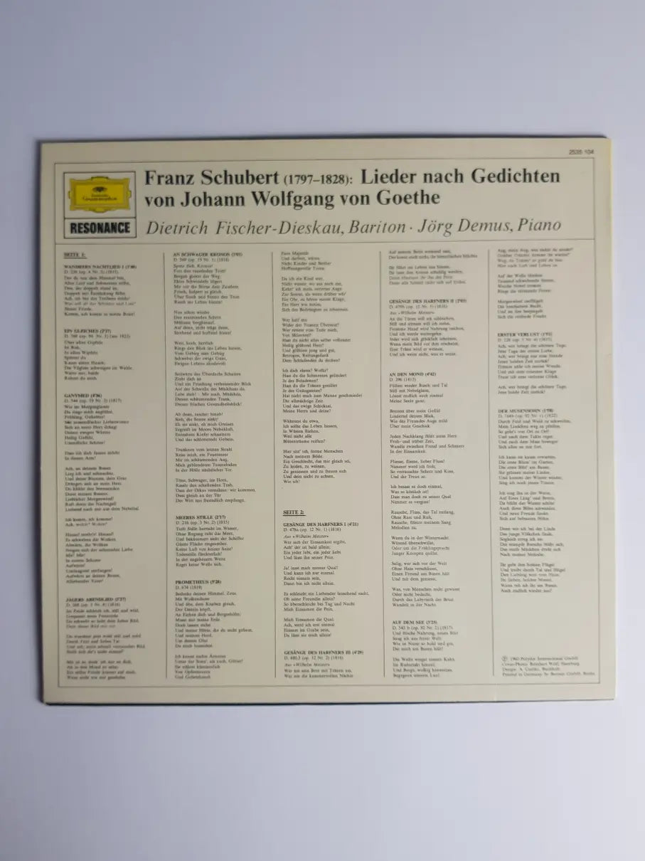 Franz Schubert, Dietrich Fischer-Dieskau • Jörg Demus – Ein Goethe-Liederabend