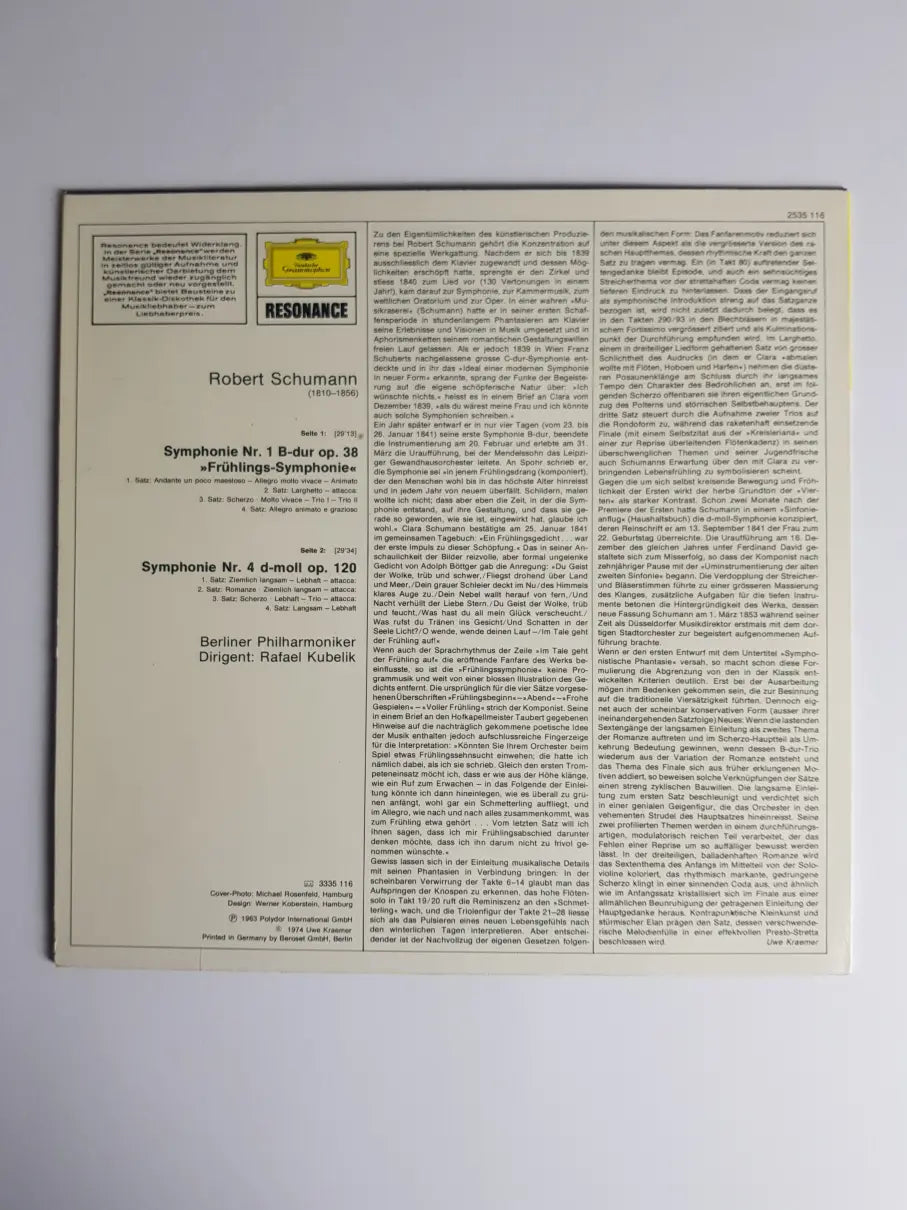 Robert Schumann - Berlin Philharmonic Orchestra, Rafael Kubelik ‎– Symphony No.1 »Spring« · Symphony No.4