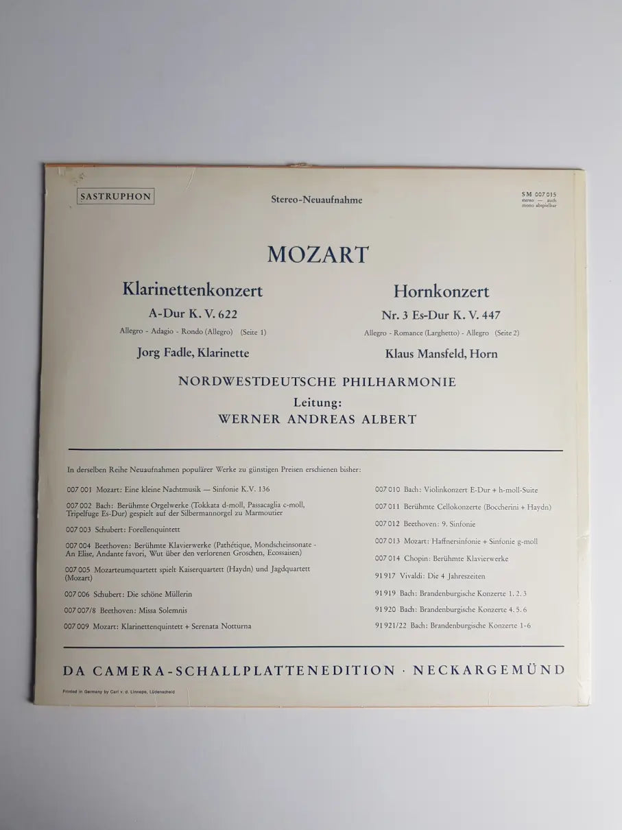 Mozart - Fadle, Mansfeld, Nordwestdeutsche Philharmonie Leitung: Werner Andreas Albert – Klarinettenkonzert / Hornkonzert Nr. 3