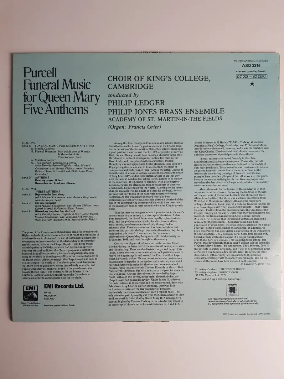 Purcell - Choir Of King's College, Cambridge, Philip Jones Brass Ensemble, Academy Of St. Martin-in-the-Fields Conducted By Philip Ledger – Funeral Music For Queen Mary / Five Anthems
