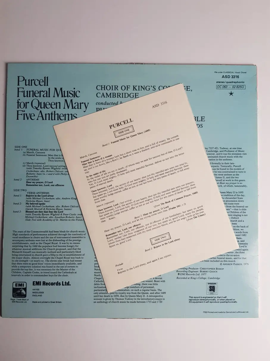 Purcell - Choir Of King's College, Cambridge, Philip Jones Brass Ensemble, Academy Of St. Martin-in-the-Fields Conducted By Philip Ledger – Funeral Music For Queen Mary / Five Anthems