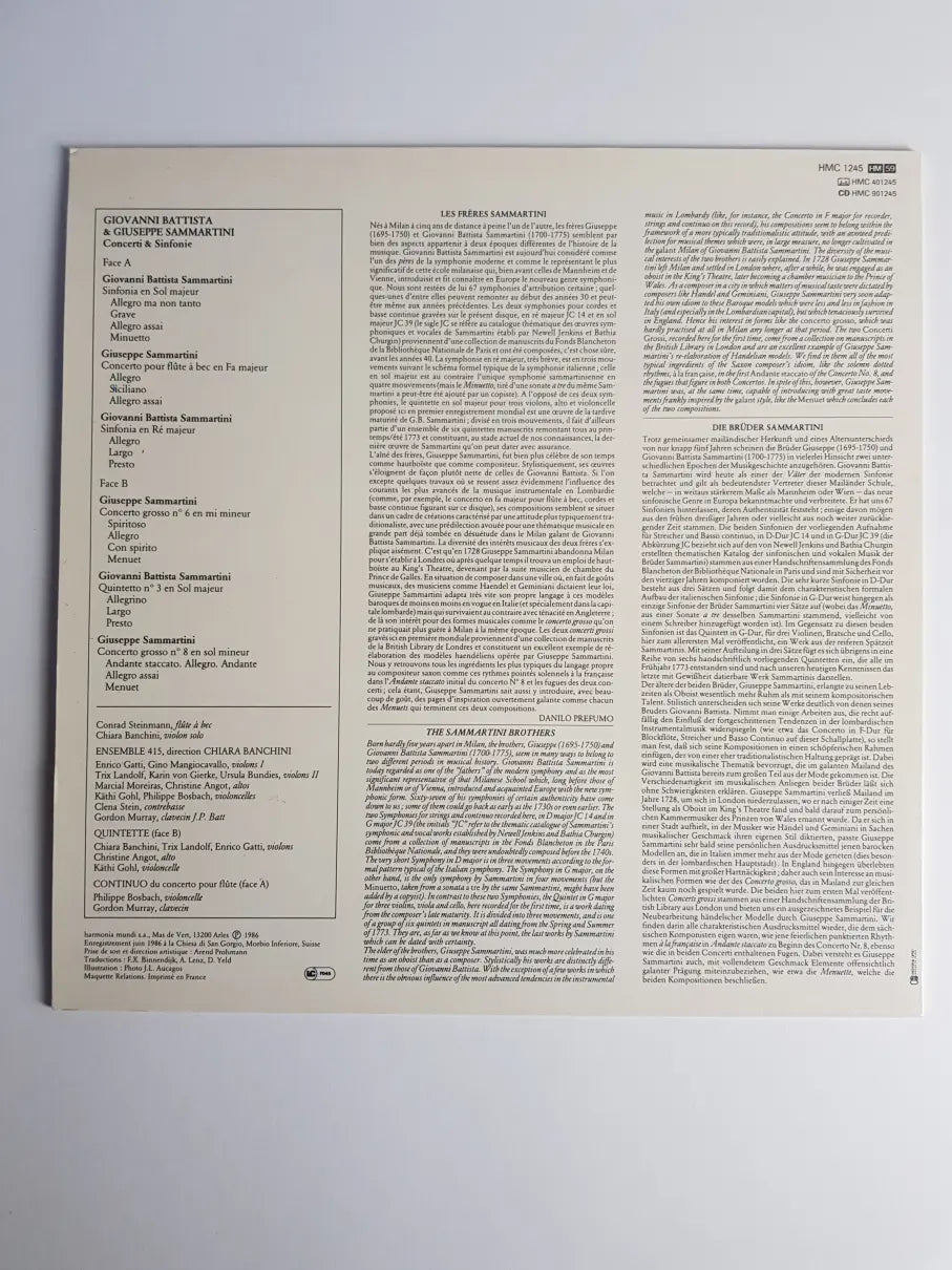 Giovanni Sammartini, Giuseppe Sammartini, Chiara Banchini, Ensemble 415 – Concerti & Sinfonie