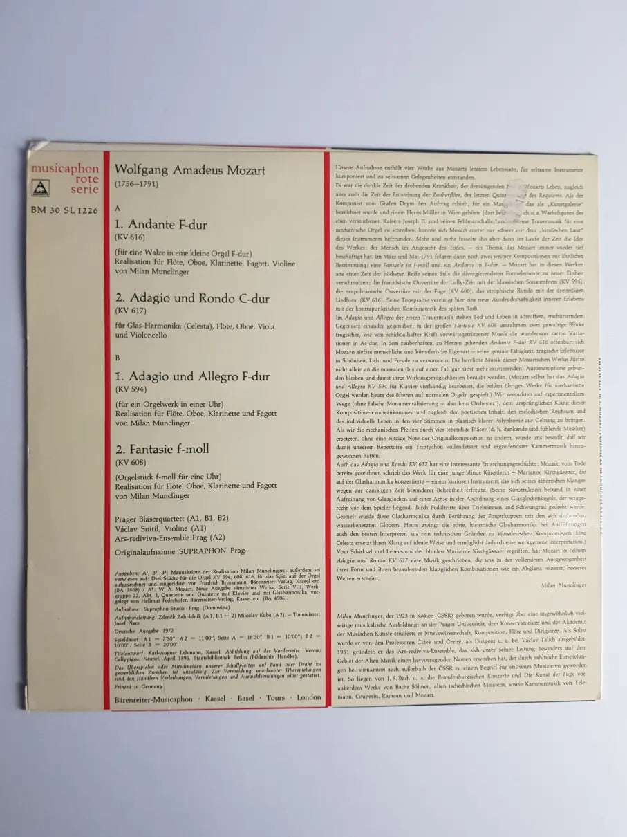 W. A. Mozart, Ars-Rediviva Ensemble, Prager Bläserquartett – Andante F-Dur KV 616 / Adagio Und Rondo C-Dur KV 616 / Adagio Und Allegro KV 594 / Fantasie F-Moll KV 608