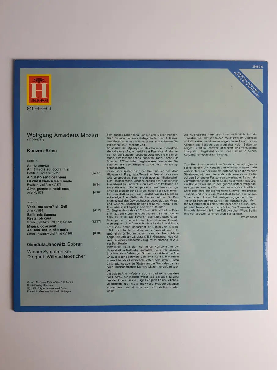 Wolfgang Amadeus Mozart, Gundula Janowitz, Wiener Symphoniker, Wilfried Boettcher – Konzert - Arien