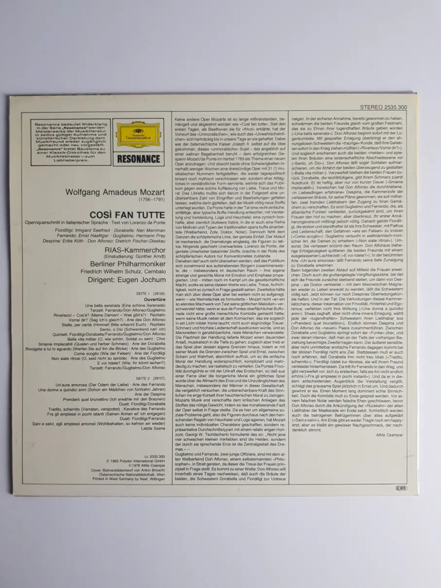 Wolfgang Amadeus Mozart, Eugen Jochum – Così Fan Tutte (Opernquerschnitt In Italienischer Sprache)