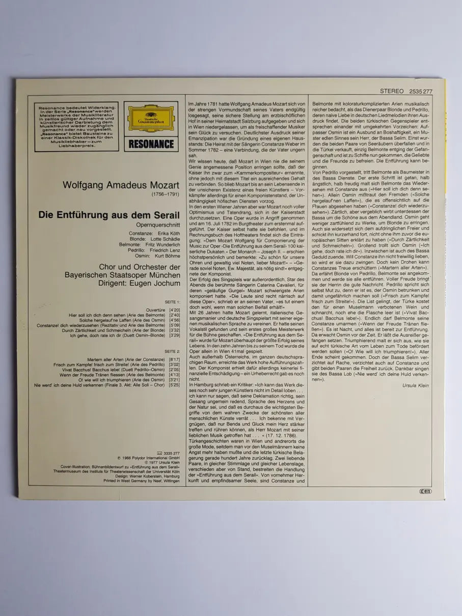 Mozart / Erika Köth, Lotte Schädle, Fritz Wunderlich, Friedrich Lenz, Kurt Böhme Dirigent: Eugen Jochum – Die Entführung Aus Dem Serail