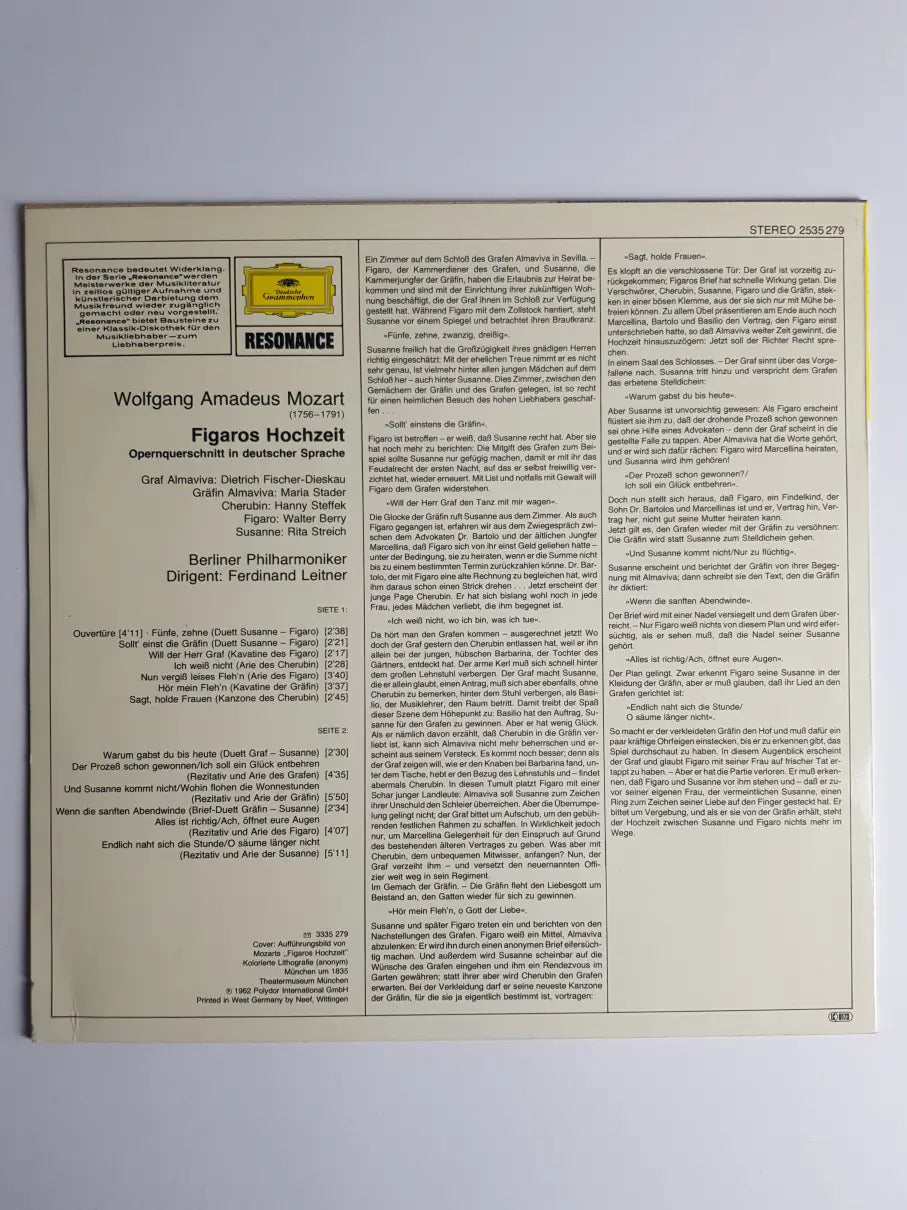 Mozart Dirigent: Ferdinand Leitner - Dietrich Fischer-Dieskau - Maria Stader - Hanny Steffek - Walter Berry - Rita Streich - Berliner Philharmoniker – Figaros Hochzeit (Opernquerschnitt)