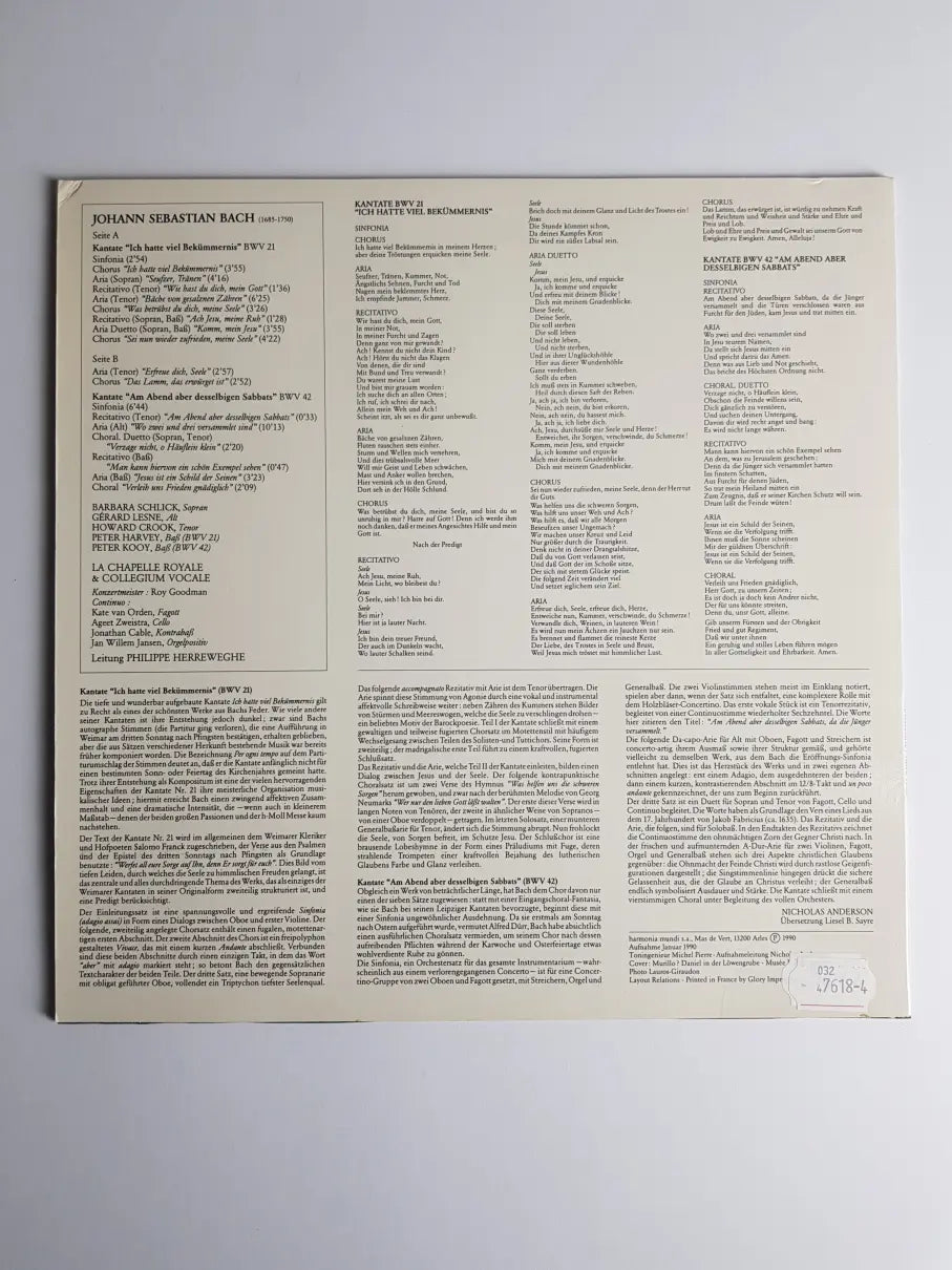 J.S. Bach - Barbara Schlick, Gérard Lesne, Howard Crook, Peter Harvey, Peter Kooy*, Collegium Vocale, La Chapelle Royale, Philippe Herreweghe – Ich Hatte Viel Bekümmernis - Kantaten BWV 21 & 42
