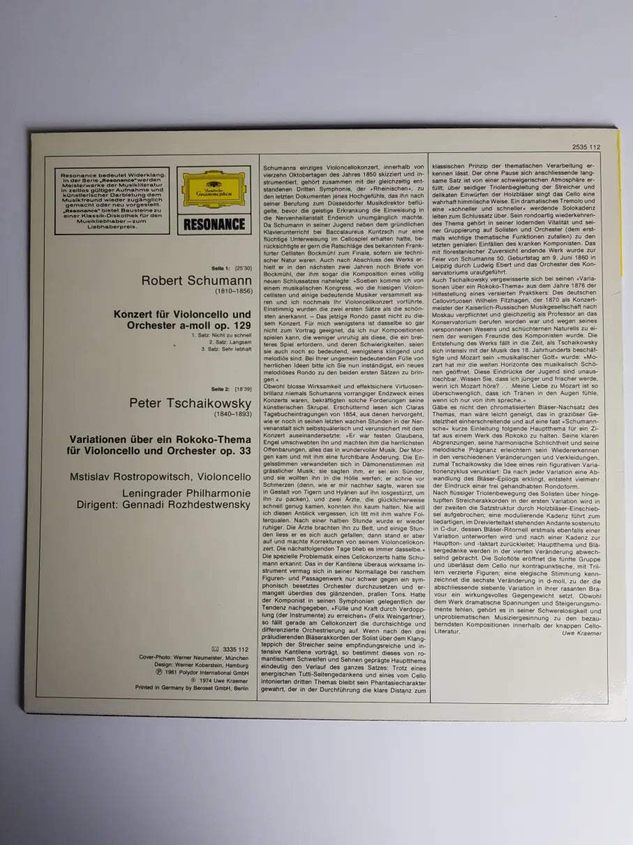 Schumann / Tschaikowsky – Rostropowitsch · Rozhdestvensky, Leningrader Philharmonie – Cellokonzert · Rokoko-Variationen
