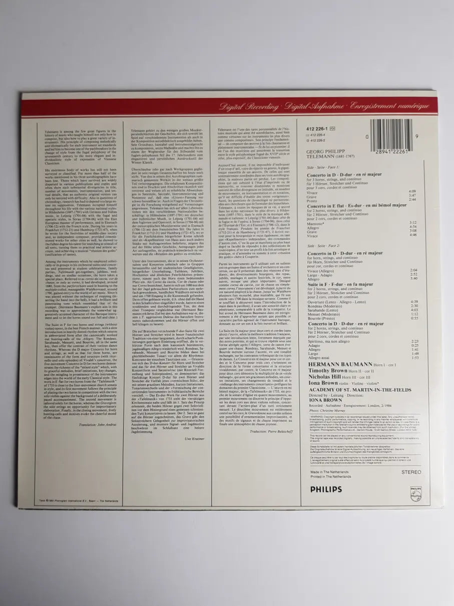 Telemann, Hermann Baumann, Timothy Brown, Nicholas Hill, The Academy Of St. Martin-in-the-Fields, Iona Brown – Horn Concertos