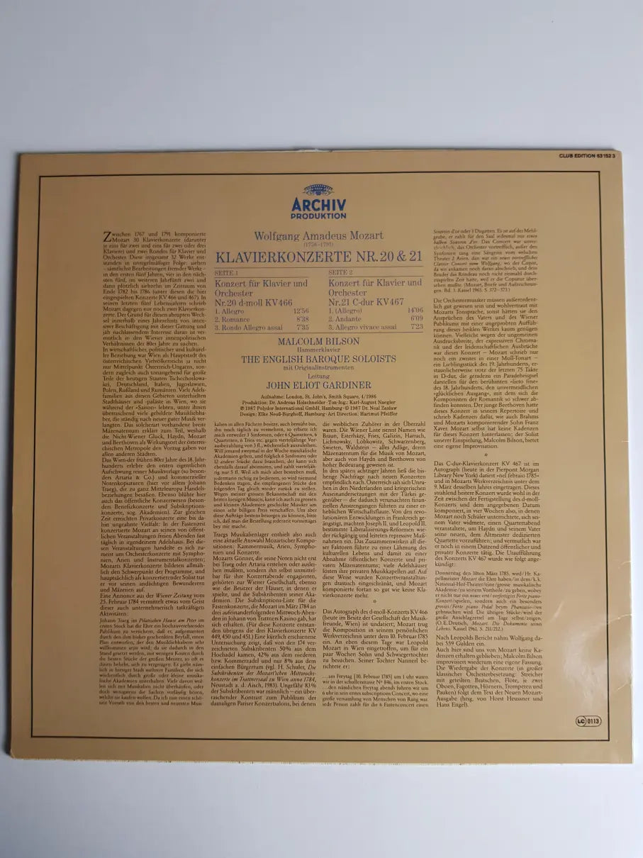 Wolfgang Amadeus Mozart - Malcolm Bilson • The English Baroque Soloists • John Eliot Gardiner – Piano Concertos Nos. 20 & 21 • Klavierkonzerte • Concertos Pour Piano K.466 & K.467