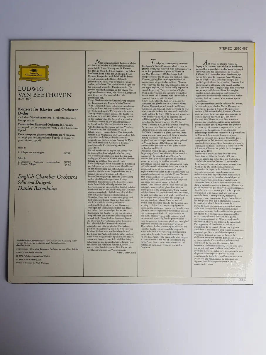 Ludwig van Beethoven – English Chamber Orchestra · Daniel Barenboim – Klavierkonzert D-dur = Piano Concerto In D Major Übertragung Des Violinkonzertes Op. 61 = Arranged From Violin Concerto, Op. 61