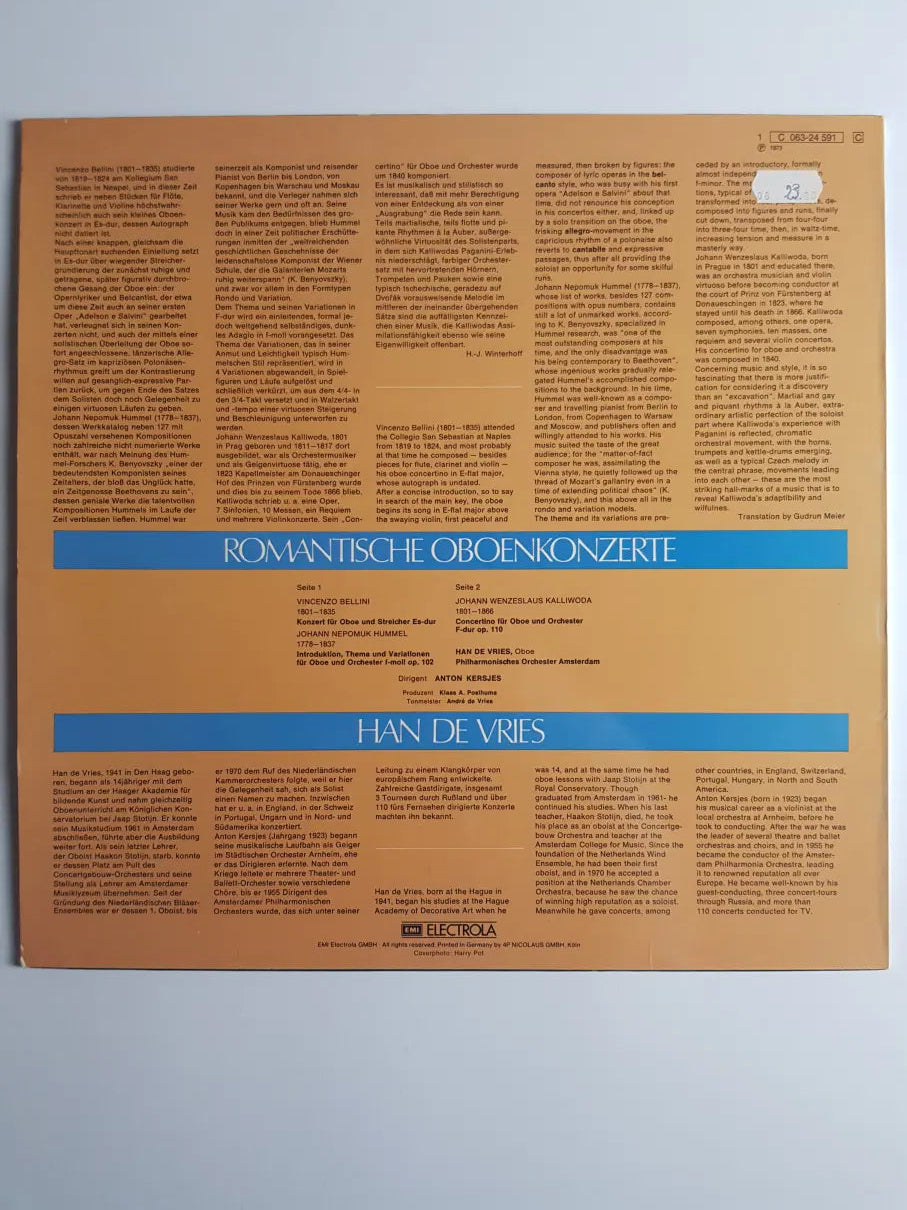 Bellini, Hummel, Kalliwoda - Han De Vries, Amsterdams Philharmonisch Orkest, Anton Kersjes – Romantische Oboenkonzerte