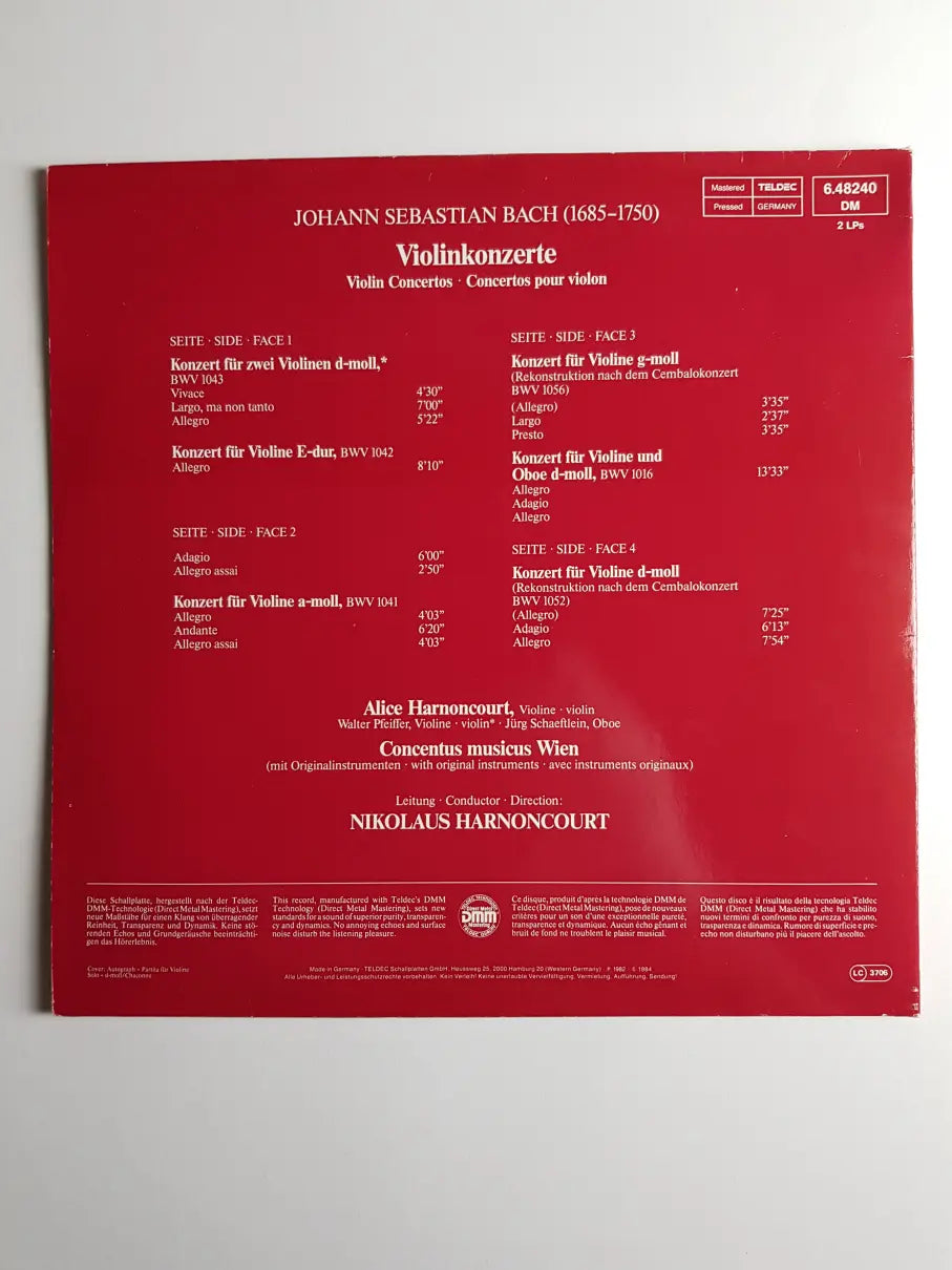 J. S. Bach - Alice Harnoncourt, Walter Pfeiffer, Jürg Schaeftlein - Concentus musicus Wien, Nikolaus Harnoncourt – 6 Violinkonzerte = Violin Concertos = Concertos Pour Violon