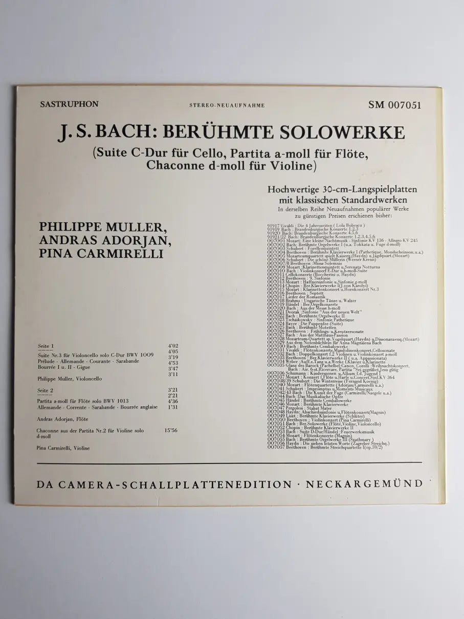 J. S. Bach, Philippe Muller, Andras Adorjan, Pina Carmirelli – Berühmte Solowerke (Suite C-Dur Für Cello, Partita A-moll Für Flöte, Chaconne D-moll Für Violine)