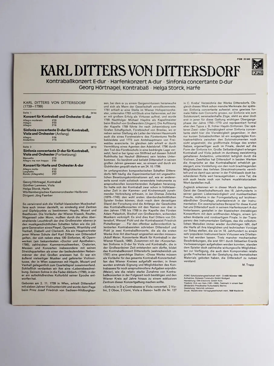 Karl Ditters von Dittersdorf - Georg Hörtnagel, Helga Storck – Kontrabasskonzert E-dur / Harfenkonzert A-dur / Sinfonia Concertante D-dur
