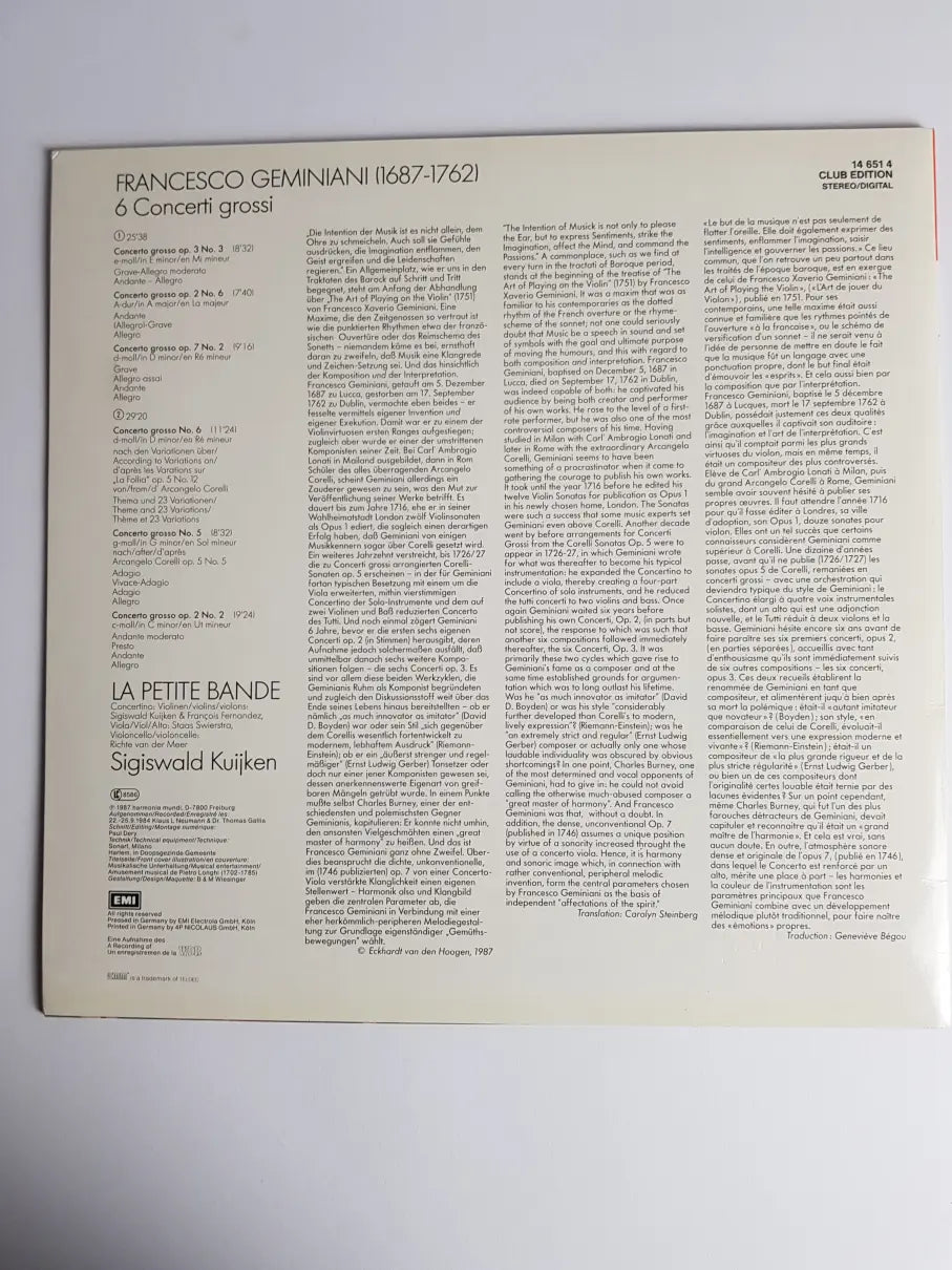 Francesco Geminiani - La Petite Bande, Sigiswald Kuijken – 6 Concerti Grossi