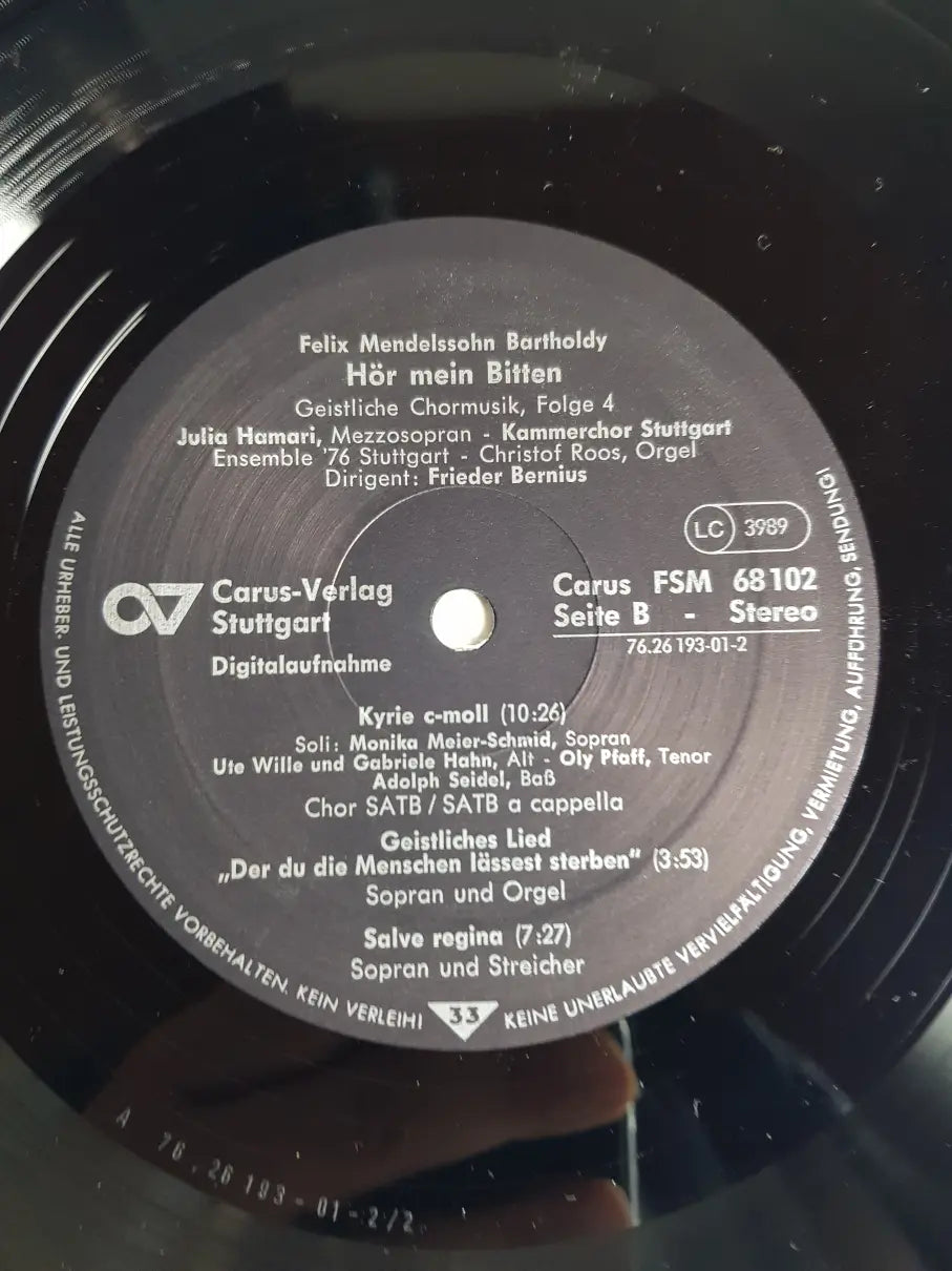 Felix Mendelssohn-Bartholdy - Julia Hamari, Kammerchor Stuttgart, Ensemble '76 Stuttgart, Christof Roos Dirigent Frieder Bernius ‎– Hör Mein Bitten