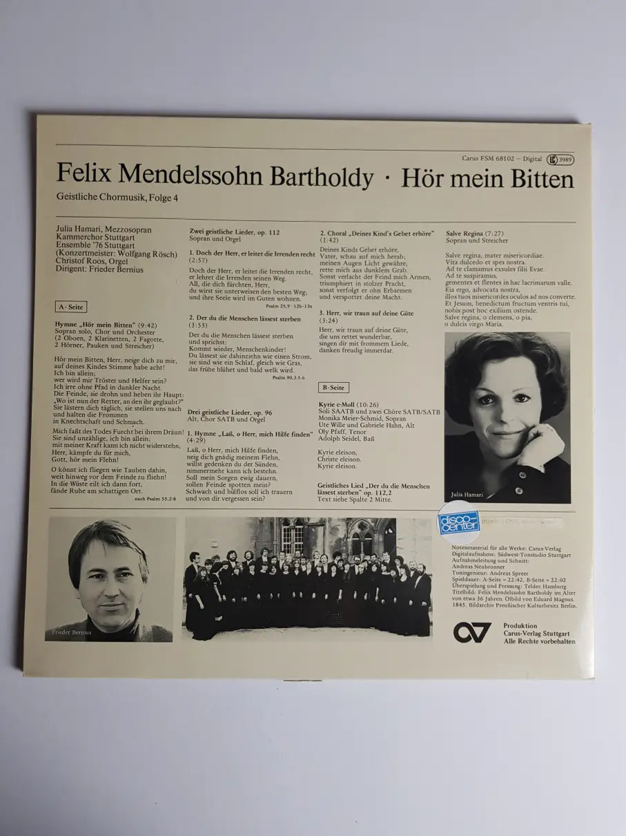 Felix Mendelssohn-Bartholdy - Julia Hamari, Kammerchor Stuttgart, Ensemble '76 Stuttgart, Christof Roos Dirigent Frieder Bernius ‎– Hör Mein Bitten