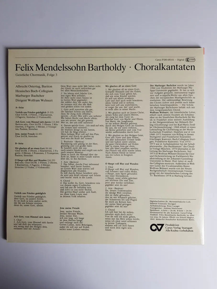 Felix Mendelssohn-Bartholdy - Albrecht Ostertag, Hessisches Bach-Collegium, Marburger Bachchor Dirigent Wolfram Wehnert – Choralkantaten
