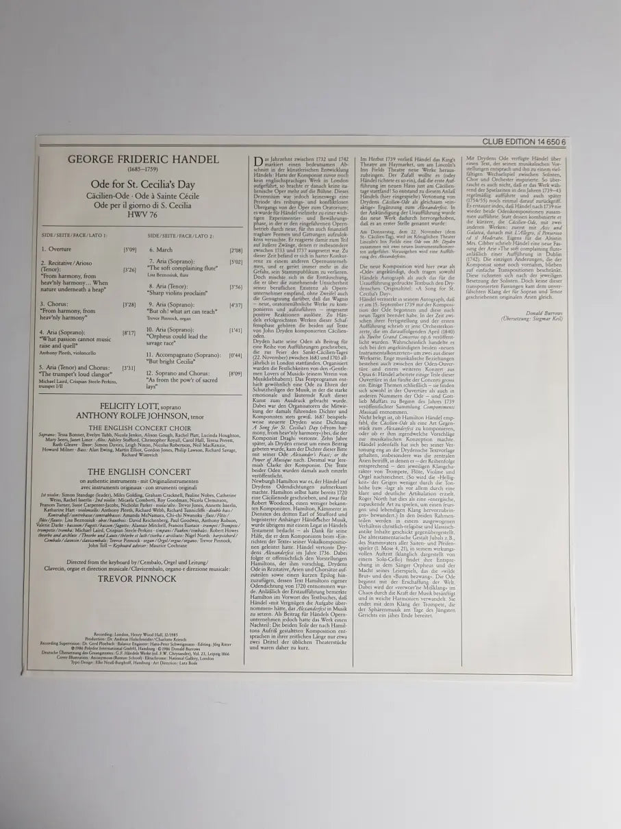 George Frideric Handel - The English Concert And Choir, Trevor Pinnock, Felicity Lott, Anthony Rolfe Johnson – Ode For St.Cecilia's Day