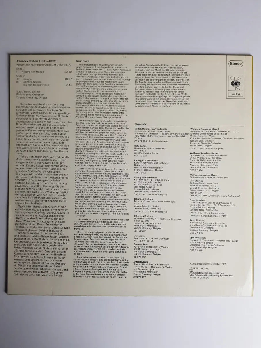 Stern / Brahms, Philadelphia Orchester · Eugene Ormandy – Konzert Für Violine Und Orchester D-dur Op.77