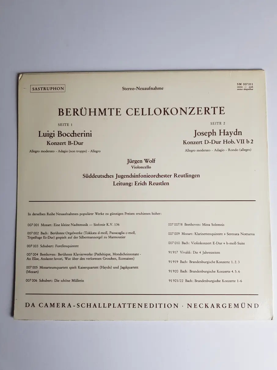 Boccherini / Haydn, Jürgen Wolf, Süddeutsches Jugendsinfonieorchester Reutlingen, Erich Reustlen – Berühmte Cellokonzerte