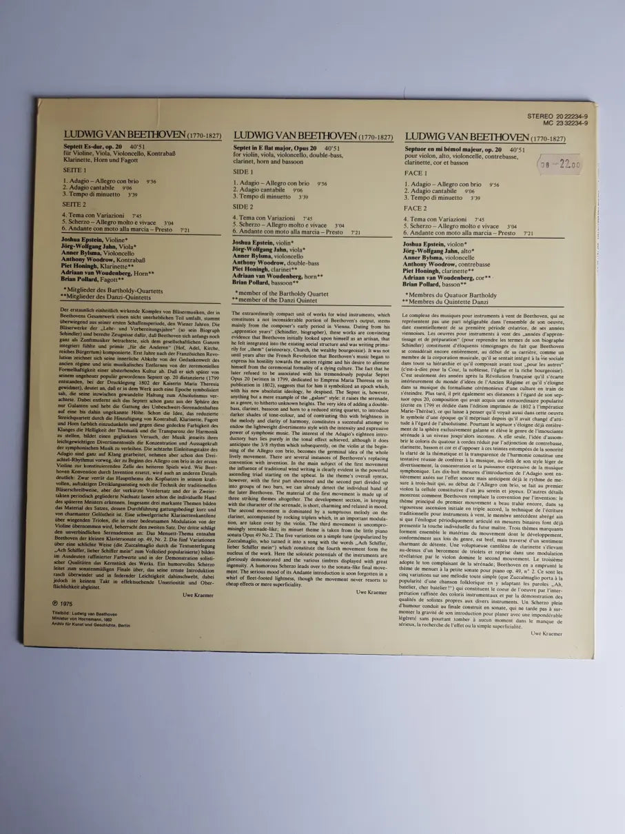 Ludwig van Beethoven - Joshua Epstein, Jörg-Wolfgang Jahn, Anner Bylsma, Anthony Woodrow, Piet Honingh, Adriaan van Woudenberg, Brian Pollard, Mitglieder Des Bartholdy-Quartett, Mitglieder Des Danzi-Quartett – Septett Es-dur Op. 20