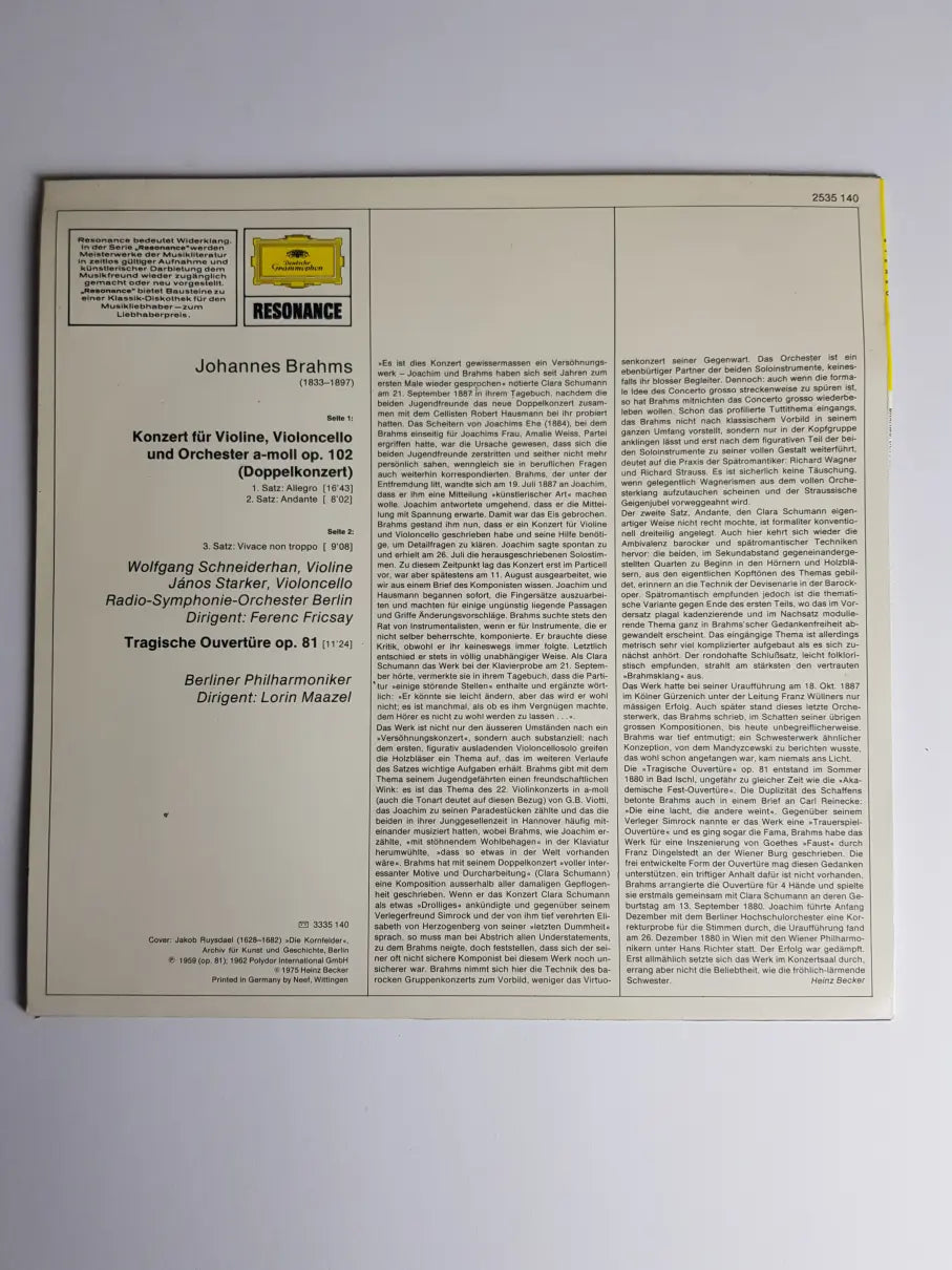 Brahms, Wolfgang Schneiderhan, János Starker – Doppelkonzert A-Moll Op. 102 / Tragische Ouvertüre Op. 81