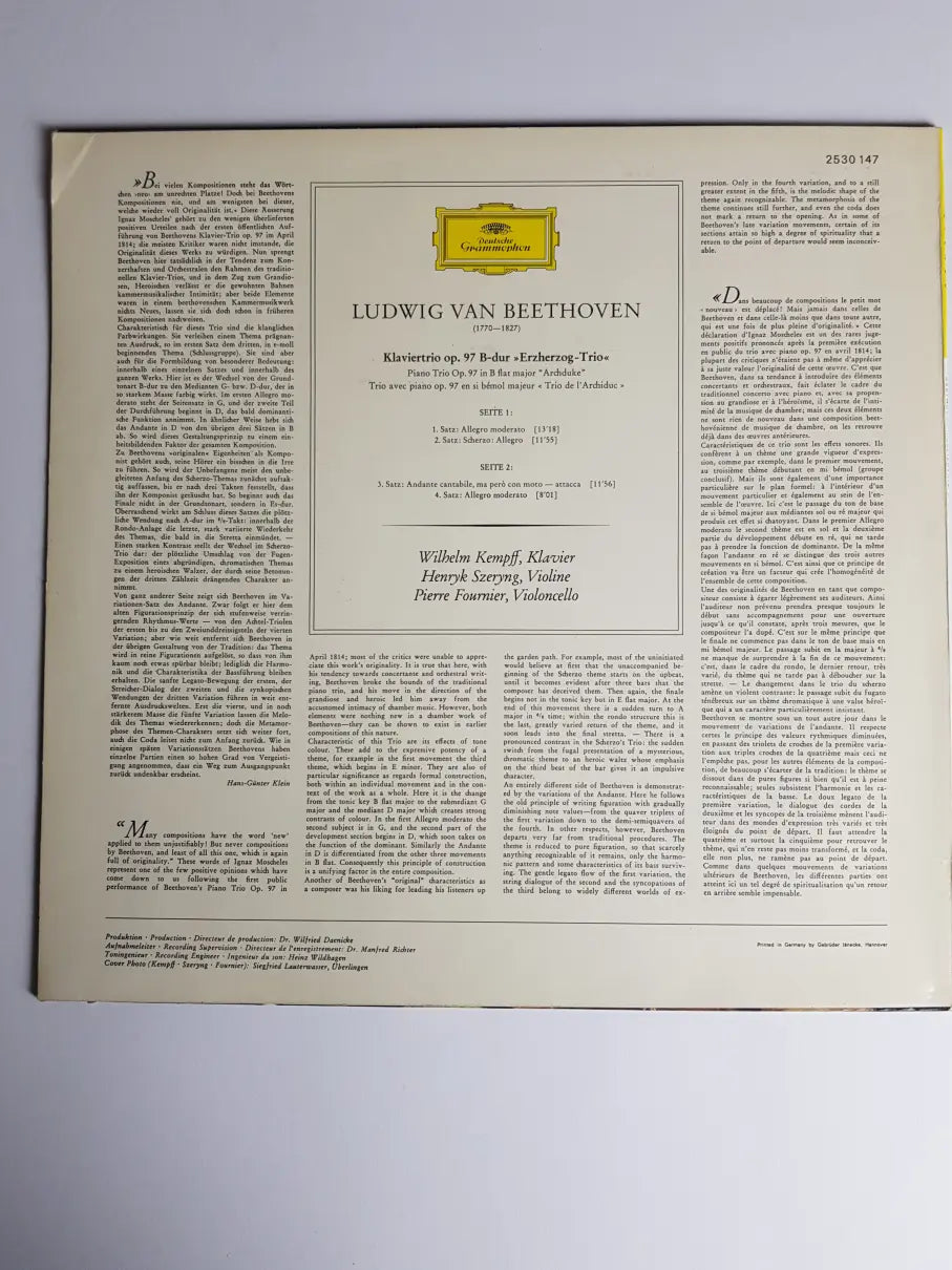 Beethoven, Wilhelm Kempff, Henryk Szeryng, Pierre Fournier – Erzherzogs-Trio • "Archduke" Trio, Op. 97