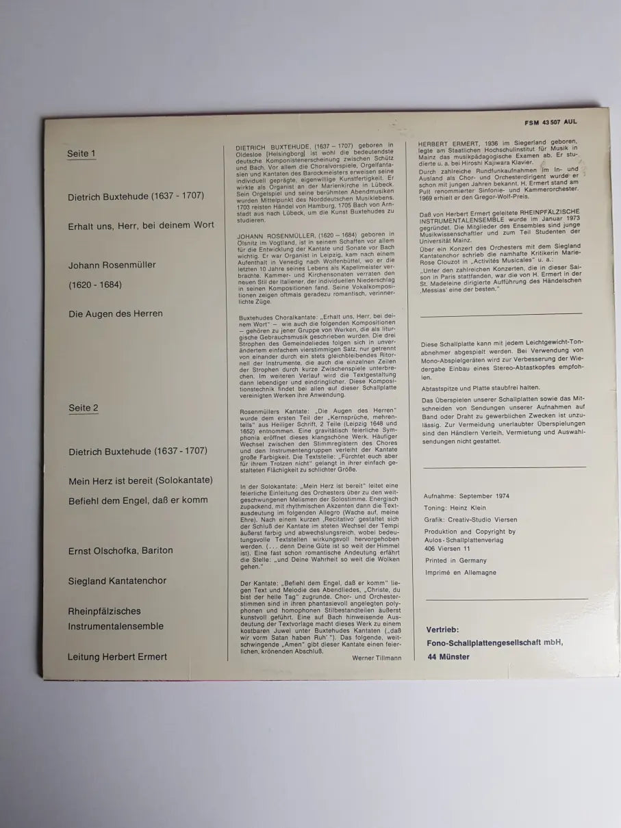 Ernst Olschofka, Siegland Kantatenchor, Rheinpfälzisches Instrumentalensemble - Dietrich Buxtehude, Johann Rosenmüller – Erhalt Uns Herr Bei Deinem Wort
