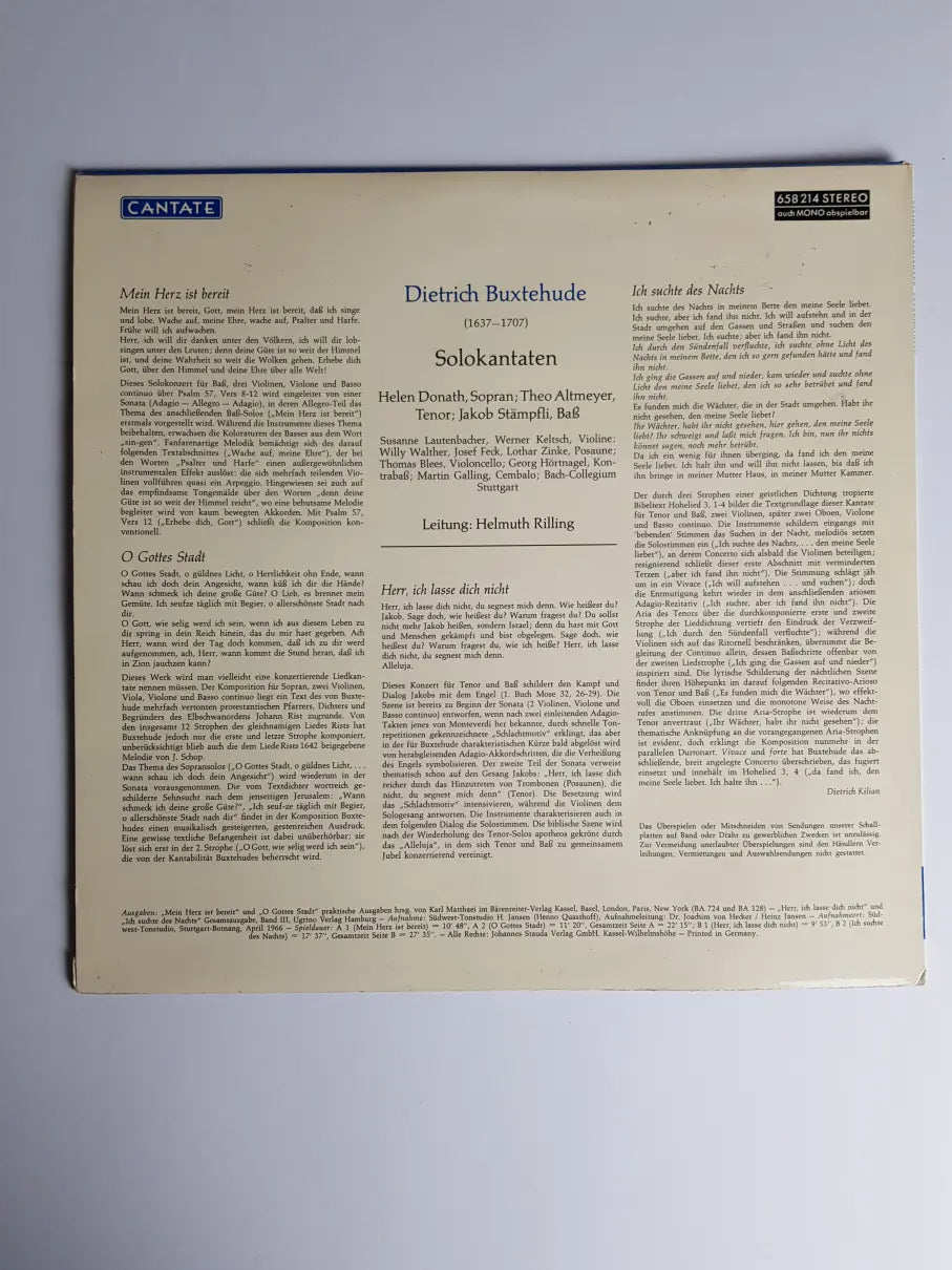 Dietrich Buxtehude, Helen Donath, Theo Altmeyer, Prof. Jakob Stämpfli, Bachcollegium Stuttgart, Helmuth Rilling – Solokantaten