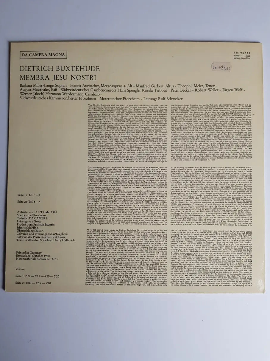 Buxtehude, Motettenchor Pforzheim, Südwestdeutsches Kammerorchester Leitung: Rolf Schweizer – Membra Jesu Nostri