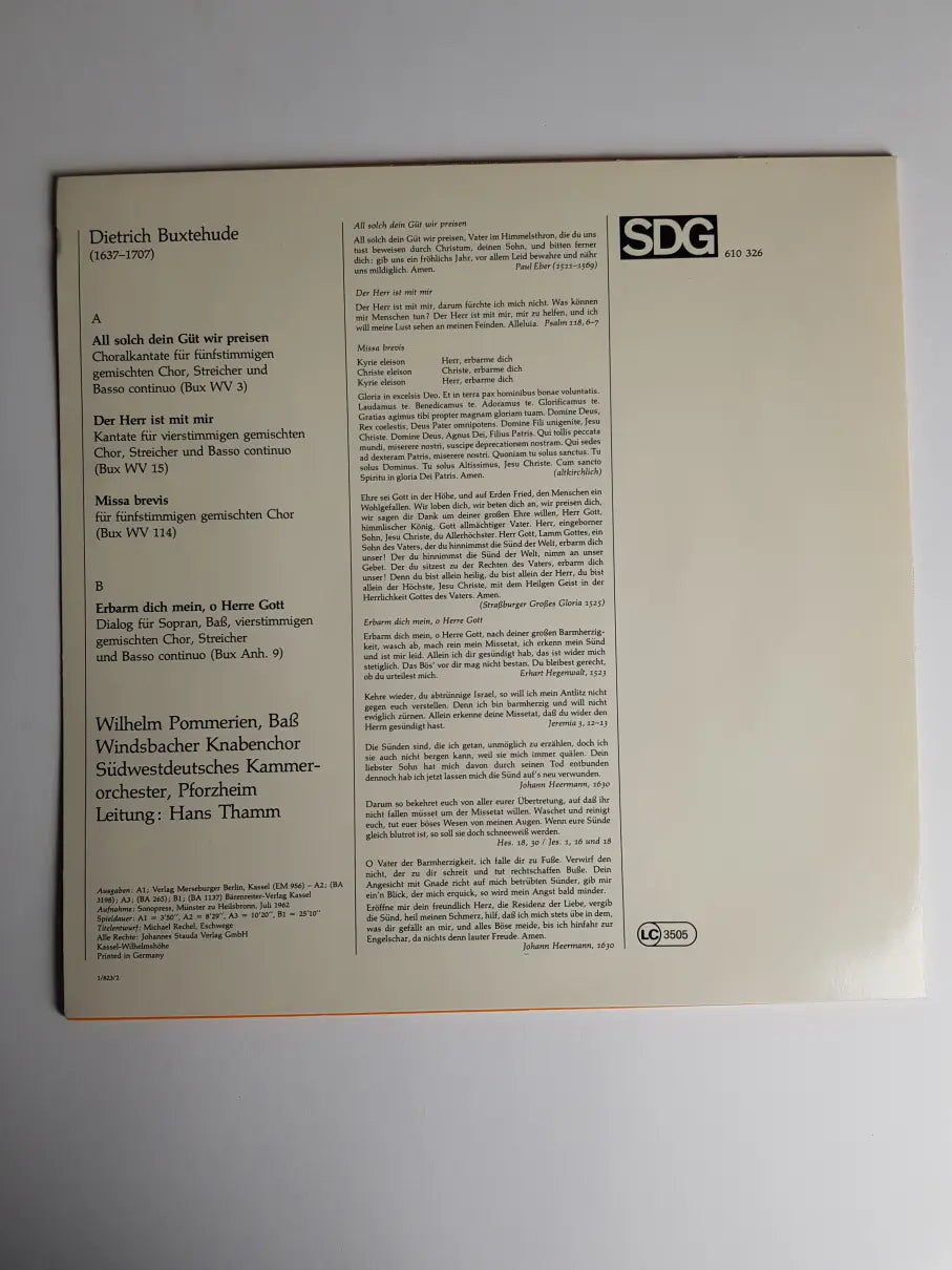 Dieterich Buxtehude, Windsbacher Knabenchor, Südwestdeutsches Kammerorchester, Hans Thamm – All Solch Dein Güt Wir Preisen - Der Herr Ist Mir - Missa Brevis - Erbarme Dich Mein, O Herre Gott