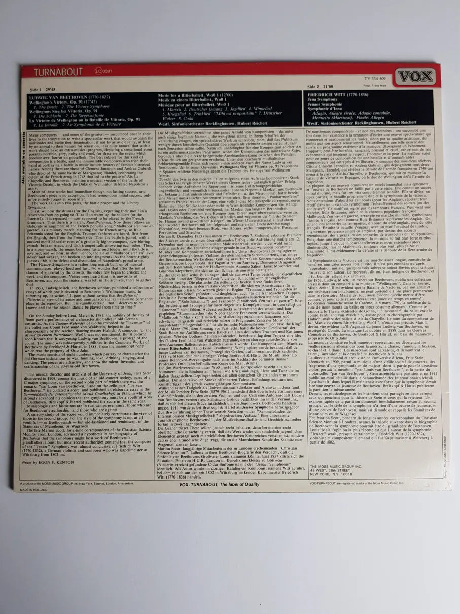 Beethoven, Westphalian Symphony Orchestra, Hubert Reichert, Witt – Wellington's Victory, Op. 91 / Music For A Ritterballett, Woo1 / Jena Symphony