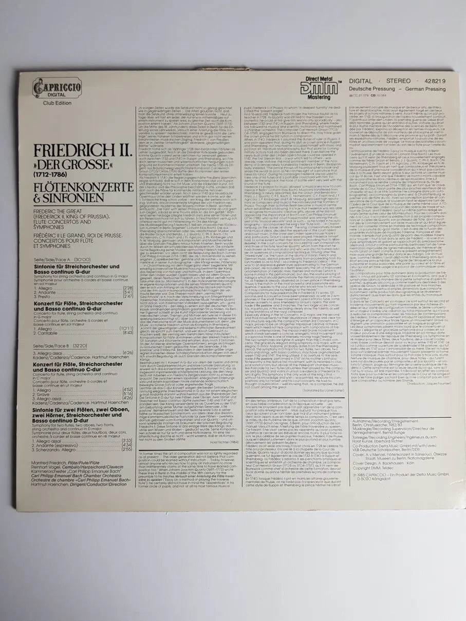 Friedrich II. "Der Große", Manfred Friedrich, Reinhart Vogel, Kammerorchester C.Ph.E. Bach, Hartmut Haenchen – Flötenkonzerte & Sinfonien
