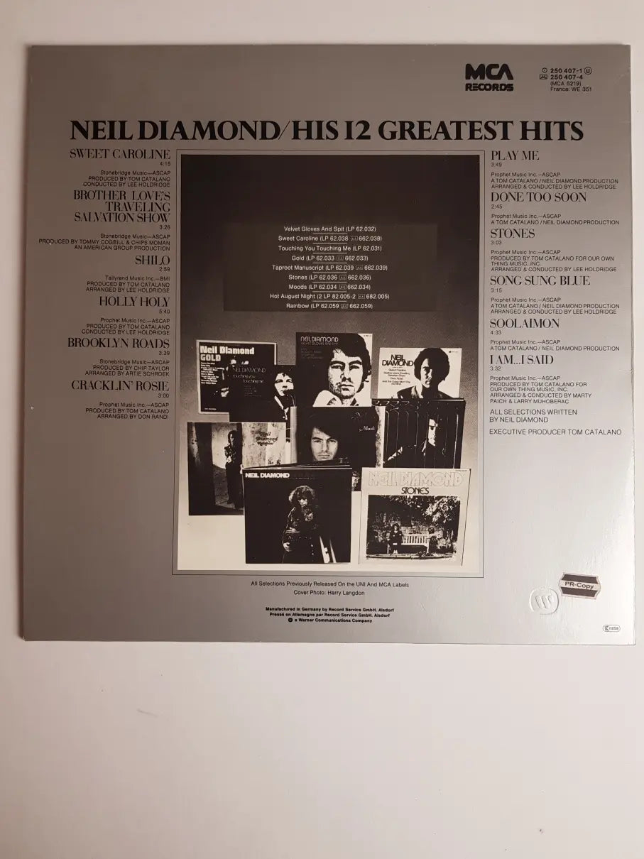 Neil Diamond – His 12 Greatest Hits PR copy