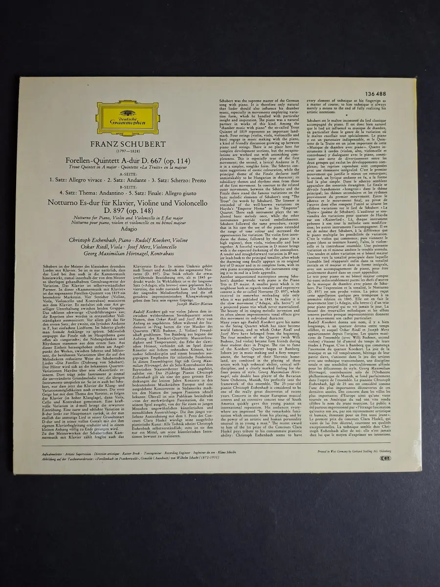 Franz Schubert / Christoph Eschenbach • Rudolf Koeckert • Oskar Riedl • Josef Merz • Georg Hörtnagel – Forellenquintett • Notturno