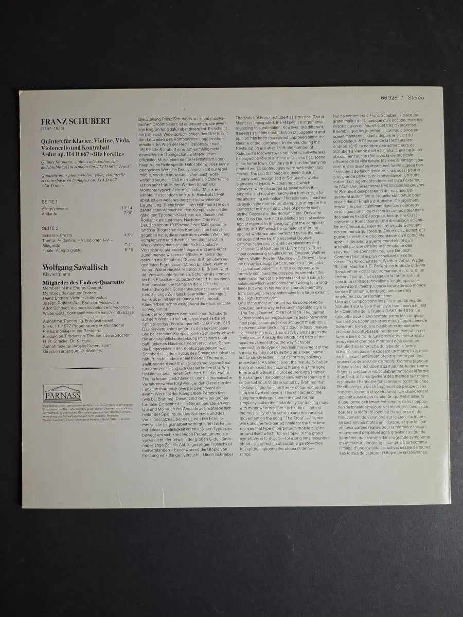 Schubert, Wolfgang Sawallisch, Endres-Quartett – Forellen-Quintett (Quintet In A Op. 114 »Trout« / Quintette En La Majeur Op. 114 »La Truite«)