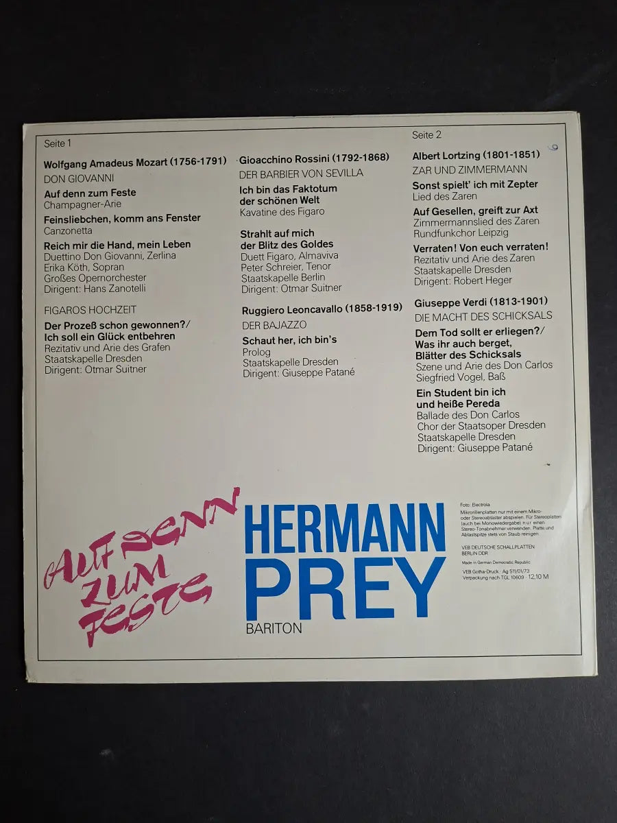 Hermann Prey – Auf Denn Zum Feste (Szenen Und Arien Aus Berühmten Opern)