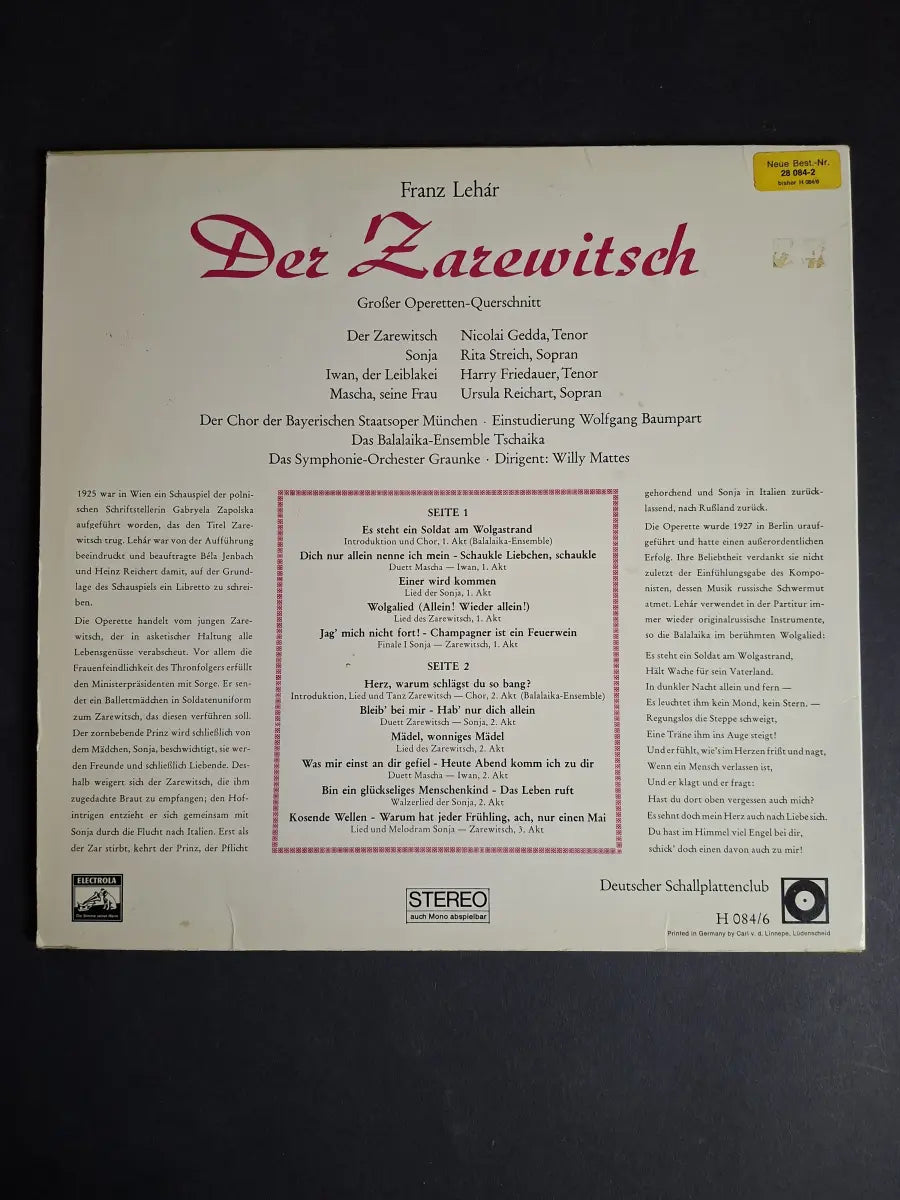 Nicolai Gedda, Harry Friedauer, Rita Streich, Ursula Reichart, Chor Der Bayerischen Staatsoper, Das Balalaika-Ensemble Tschaika, Symphonie-Orchester Graunke – Der Zarewitsch