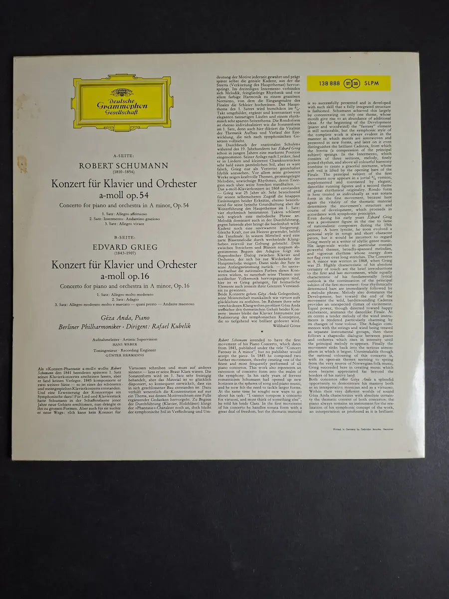 Robert Schumann / Edvard Grieg - Géza Anda, Rafael Kubelik, Berliner Philharmoniker – Klavierkonzerte In a-moll · Piano Concertos In A minor